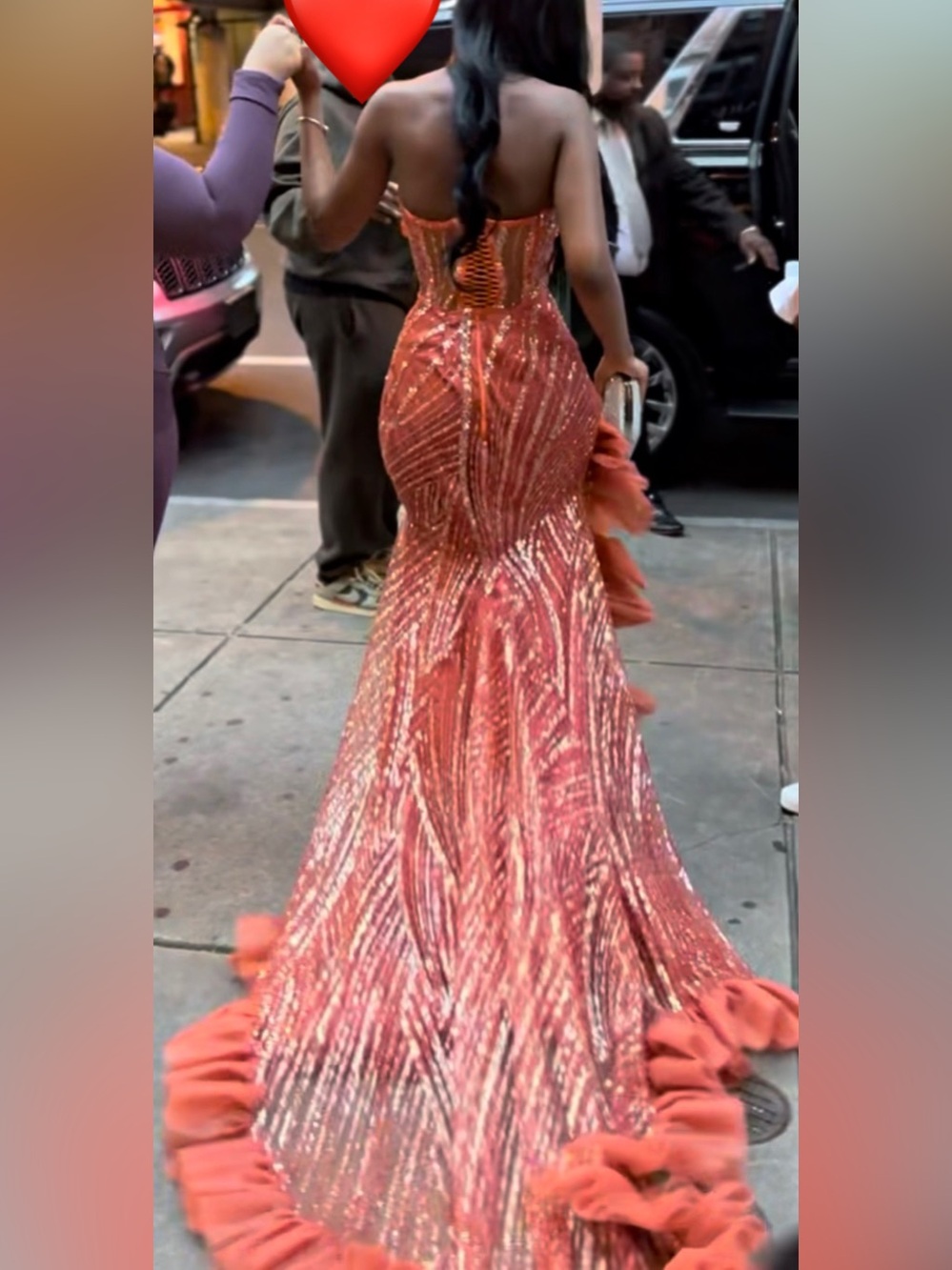 Rust Ruffle-Seam Sequined Prom Gown - Picture 11 of 11